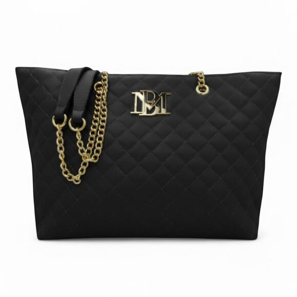 Badgley Mischka Large Tote Bag Quilted Gold Chain Accent New With Tags - Picture 7 of 7